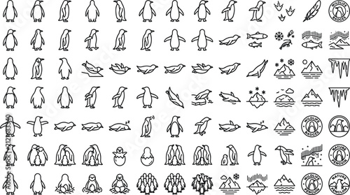 Foto Outline Penguin and Antarctic Wildlife Line Icon Set with Swimming Birds, Iceber
