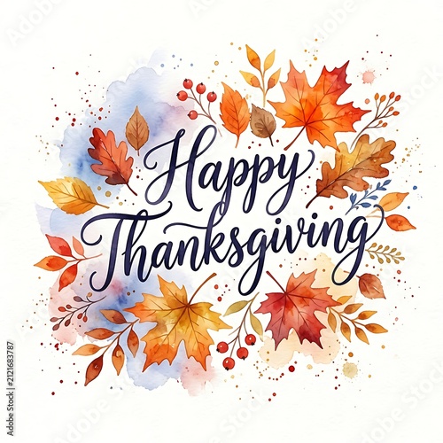 Happy thanksgiving greeting card design with watercolor autumn leaves and berries on a white background