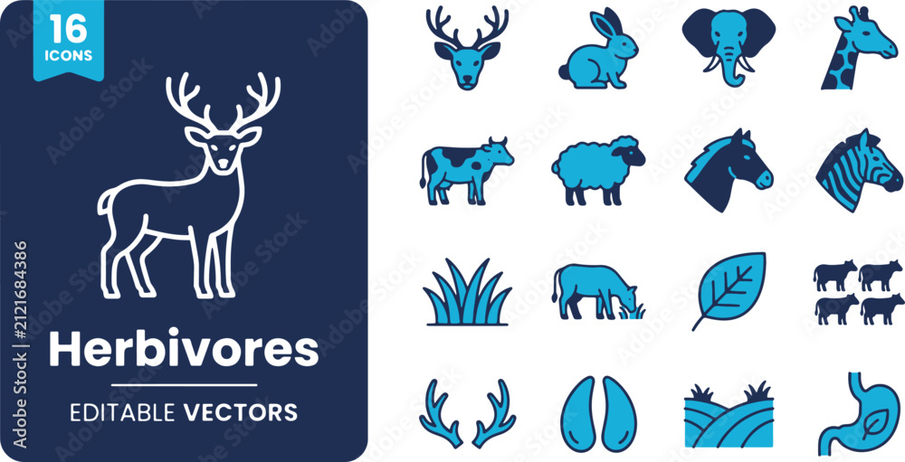 Obraz premium A premium collection of diverse herbivore animal line art vector icons, perfect for educational content, nature themes, or wildlife graphic design projects