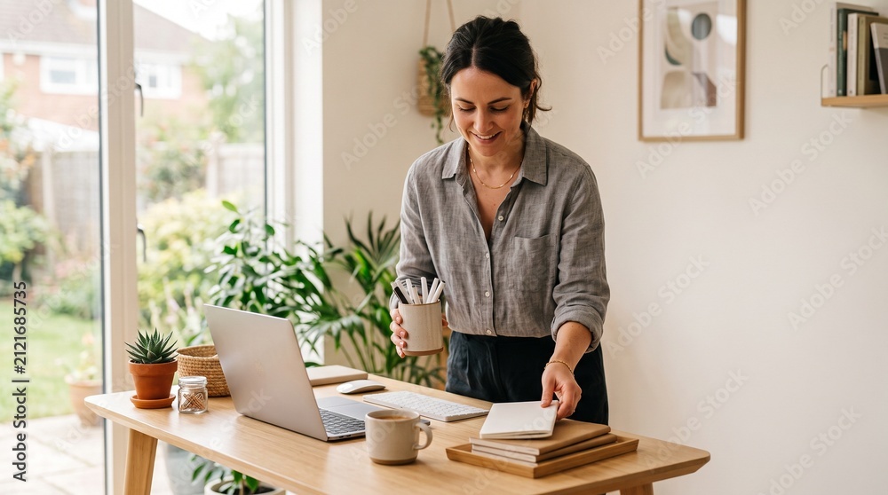 Fototapeta premium Woman working from home at a desk with a laptop and plants