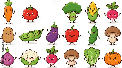 Cute cartoon vegetable mascot character set vector illustration featuring smiling happy faces carrot tomato broccoli corn potato pepper pumpkin for children nutrition food design