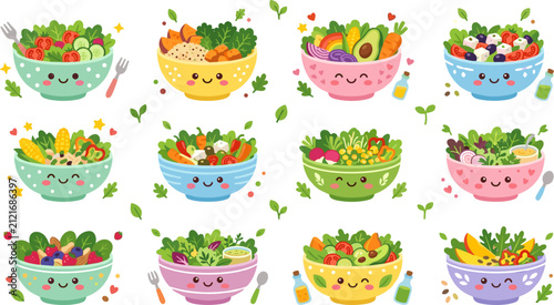 Cute cartoon salad bowl character vector set featuring healthy organic food ingredients with smiling faces avocado lettuce tomato and corn for kids menu children nutrition illustration