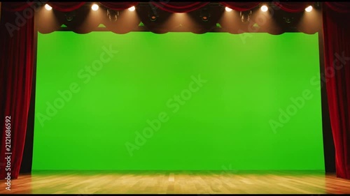Red theatrical stage curtains with spotlights and green screen background for video production