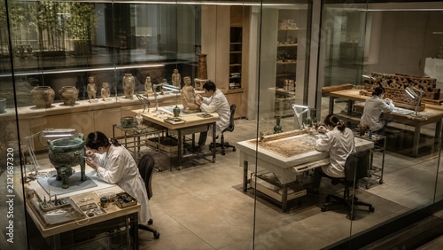 Curatorial Precision: Archivists meticulously examine artifacts within a well-lit museum conservation laboratory.