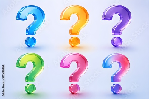 Colorful 3D Glass Question Mark Icons Set Isolated on Light Background