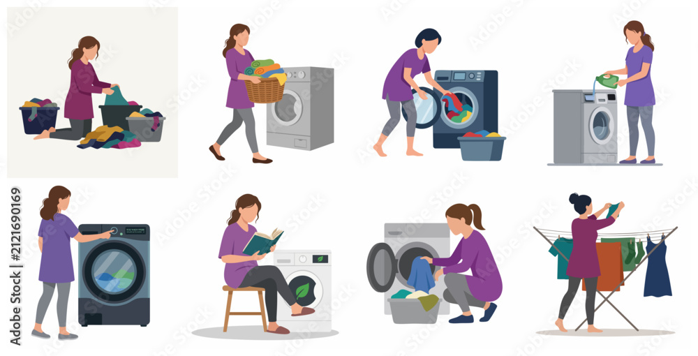 Fototapeta premium Set of women characters doing laundry chores in flat illustration style