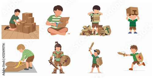 Little Boy Creating and Playing with DIY Knight Armor Costume from Recycled Cardboard Boxes Illustration Set
