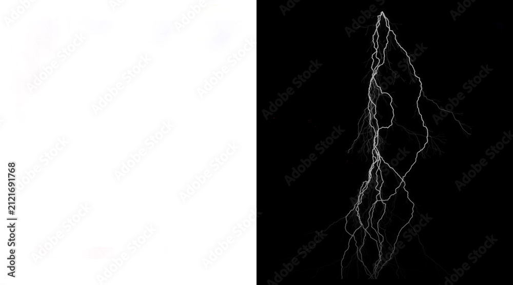 Fotografie Dramatic lightning bolt strike on black background, powerful electric discharge