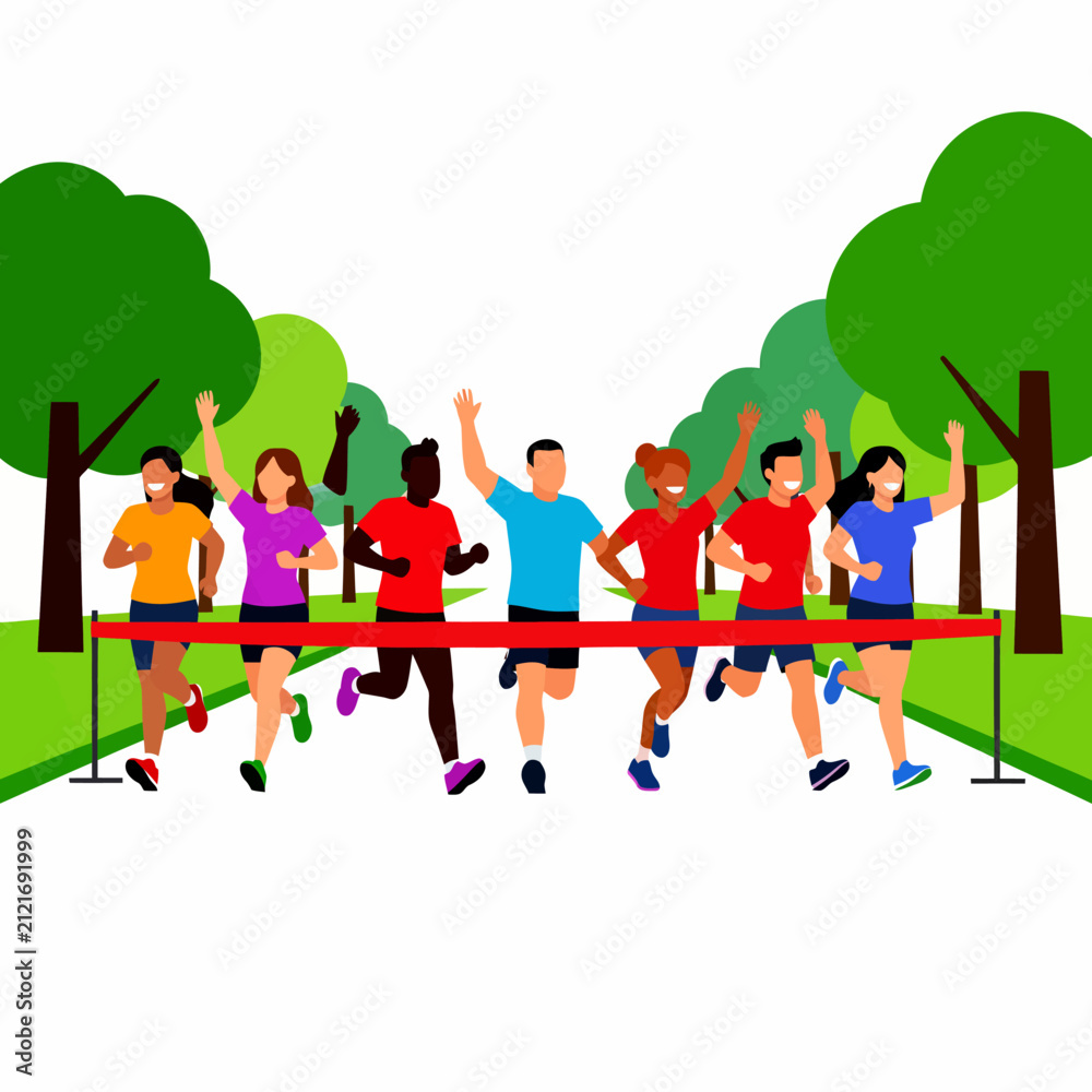 Fototapeta premium Runners Crossing Finish Line in Park.