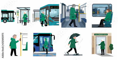 Illustration set of an elderly woman's journey using public bus transportation on a rainy day to visit a local community center