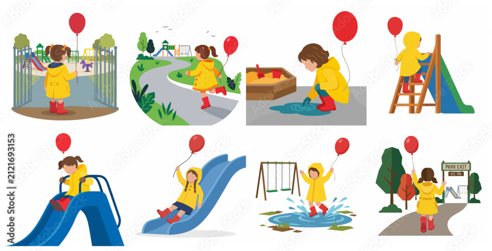 Fototapeta premium Set of Little Girl in Yellow Raincoat and Red Boots Playing at a Playground Vector Illustration