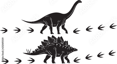 Cuadro en lienzo Silhouettes of two different dinosaurs walking with their tracks during daytime