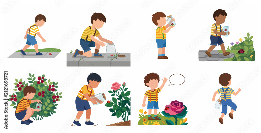 Fototapeta premium Little boy exploring nature and catching ladybugs in glass jars, flat vector illustration set