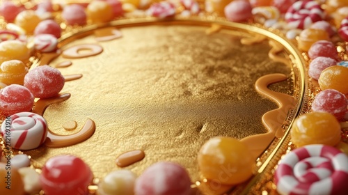 Vibrant candies encircle a gleaming golden surface inviting delight and festivity