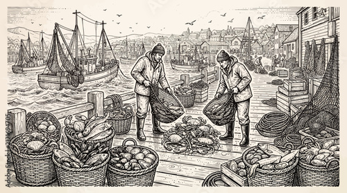 Konstfotografi Fishermen unloading fresh catch of fish and seafood from boats at a busy harbor dock, illustration