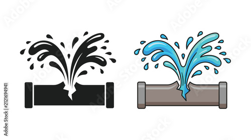 Broken pipe with leaking water vector illustration with black and blue versions
