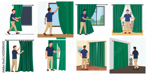 Set of flat illustrations of a man opening and closing green curtains by the window