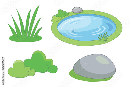 Set of cartoon nature elements including a pond, a large rock, a bush, and a patch of grass, vector illustration design elements for landscape decoration