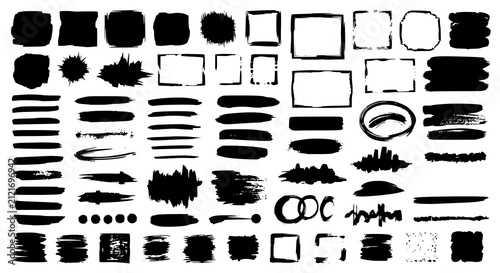 Paint brush strokes. Black vector rough edge rectangles. Grunge square frames set. Jagged edge torn paper background collection. Grungy distressed text boxes. Transparent background PNG version.