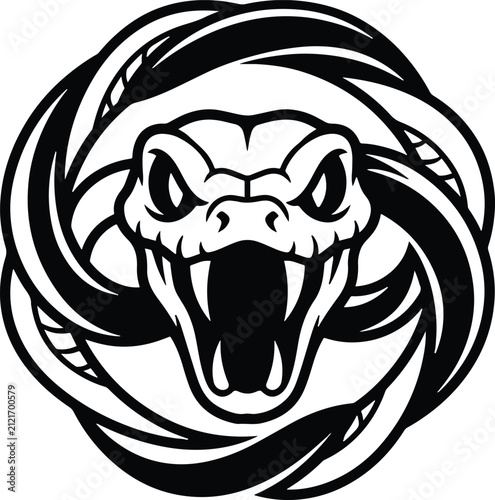 Aggressive snake head mascot vector, coiled viper serpent with fangs, black and white cobra emblem for sports team branding and apparel design