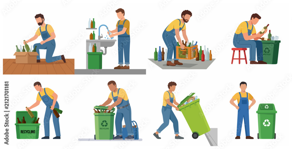 Fototapeta premium Set of men characters recycling glass bottles, sorting waste, and managing trash bins for environmental sustainability, flat vector illustration.