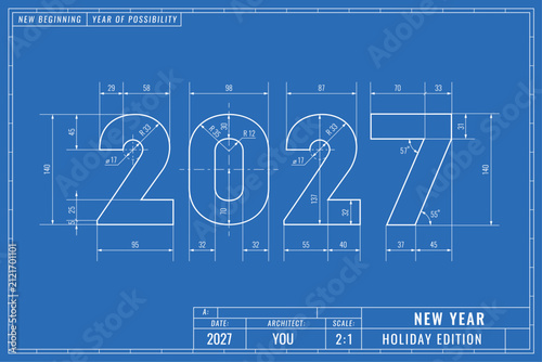 2027 numbers are drawn as technical blueprint with measurements, angles and construction lines