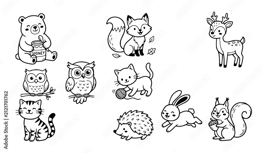 Obraz premium Cute Animal Doodle Icon Collection Black Hand Drawn Cartoon Wildlife Vector Set