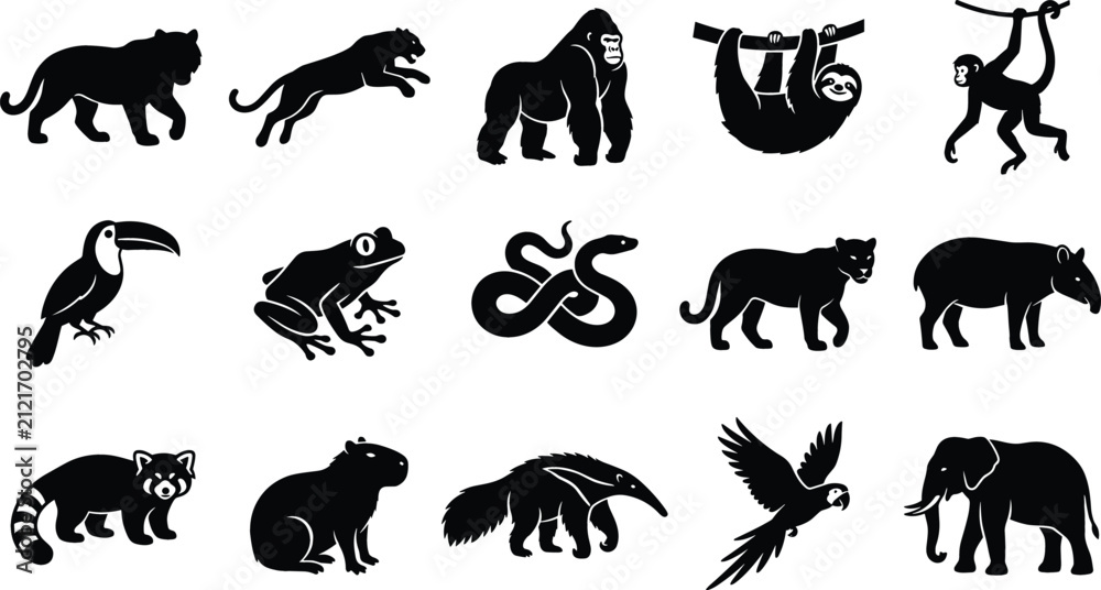 Fototapeta premium Jungle and Rainforest Animal Silhouette Icon Set Featuring Tiger, Gorilla, Sloth, Capybara, and Elephant Graphics for Wildlife Conservation and Nature Designs