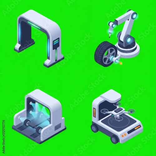 Isometric automated industrial factory machines on green background