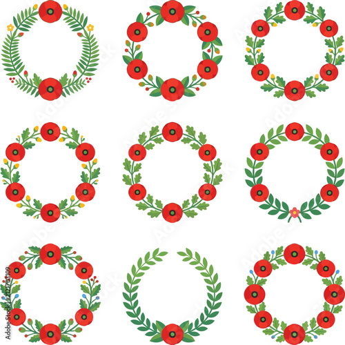 Collection of Nine Floral Wreaths with Red Poppies and Green Leaves.