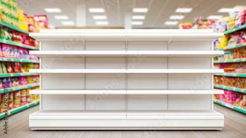 Empty supermarket shelves inside a grocery store represent product shortages and disrupted retail supply.
