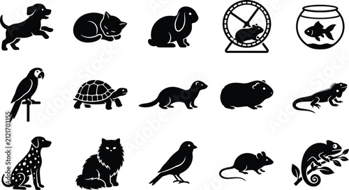 Foto Pet Shop and Domestic Animal Silhouette Icon Set Featuring Dog, Cat, Rabbit, Ham