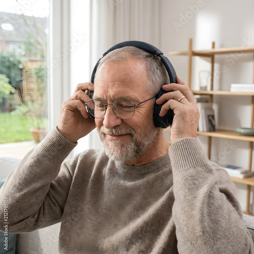 Mature man with a gray beard relaxes on a sofa while listening to music through high-quality wireless headphones, enjoying a quiet moment of audio immersion in a bright and modern living room.