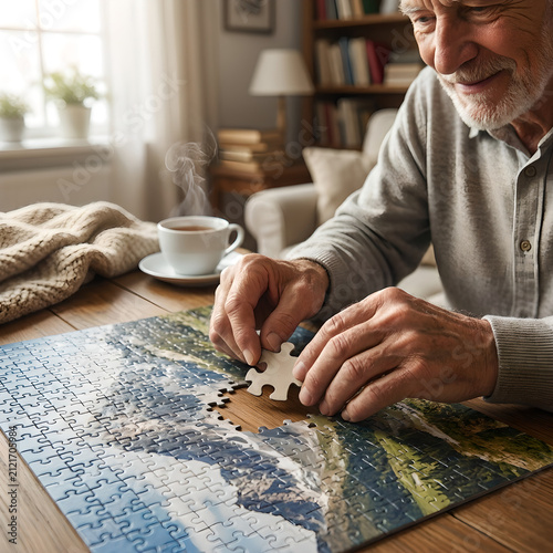 Senior man carefully places a puzzle piece into a landscape image while sitting at a wooden table, enjoying a quiet morning with a steaming cup of coffee in a cozy home library setting.
