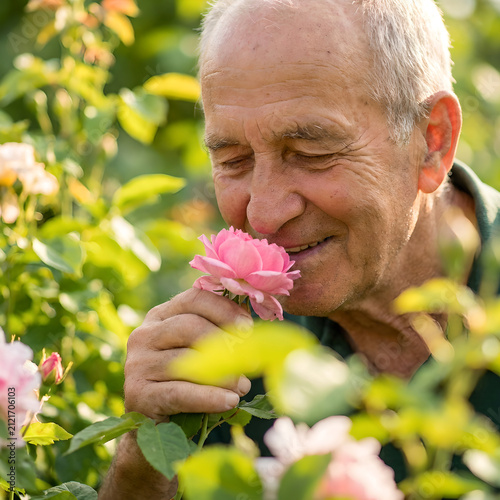 Elderly man enjoys the delicate fragrance of a blooming pink rose in a sun-drenched garden, capturing a peaceful moment of connection with nature during a warm and golden afternoon.
