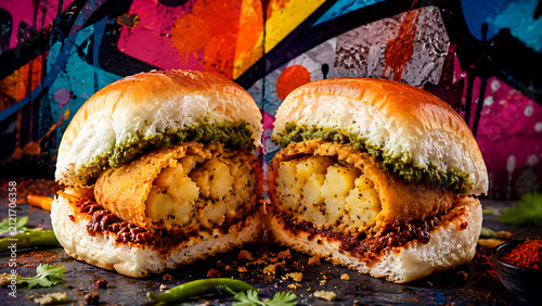 Vada pav split open dramatically, spicy potato filling and chutney layers, vibrant graffiti-inspired background without readable text, bold urban food advertising