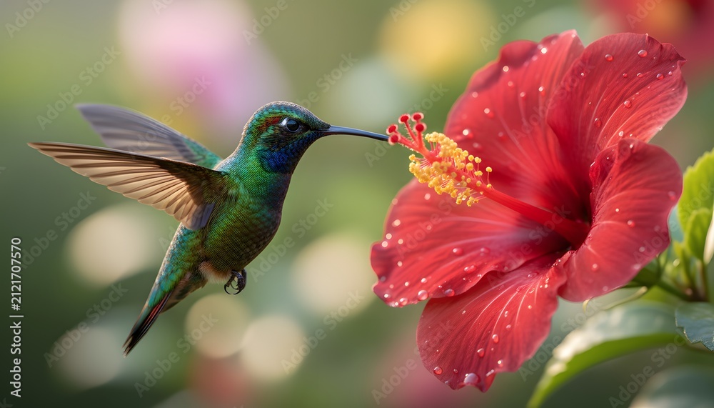 Fototapeta premium A vibrant green hummingbird hovering near a red hibiscus flower drinking nectar in a lush garden setting for a nature biodiversity concept with macro bokeh detail