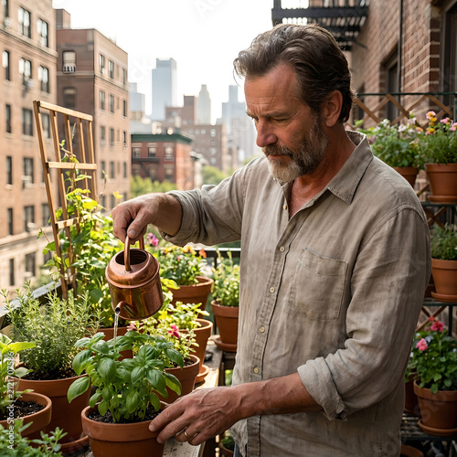 Man waters lush green basil plants in terracotta pots on a city apartment balcony, with a blurred urban skyline of brick buildings and high-rise architecture providing a backdrop for his hobby.