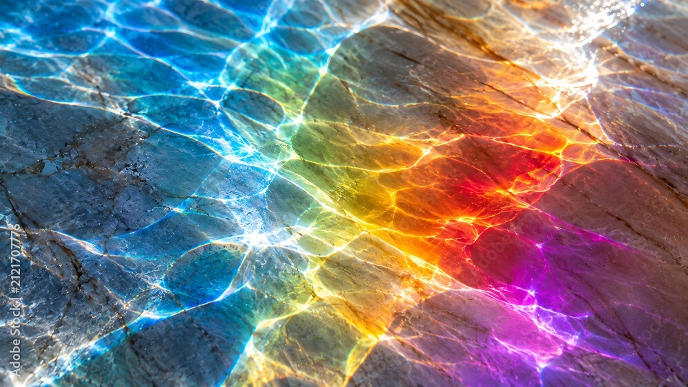 Fototapeta premium Vibrant rainbow light reflections dancing on a textured underwater surface, creating a mesmerizing play of colors and patterns.