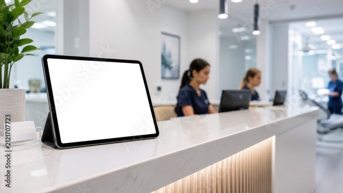 Digital tablet mockup on dental clinic reception desk