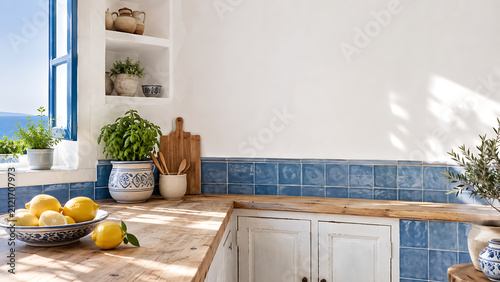 Bright Mediterranean kitchen, white plaster walls, blue ceramic tiles, natural wooden countertop, fresh herbs and lemons as minimal accents, strong daylight