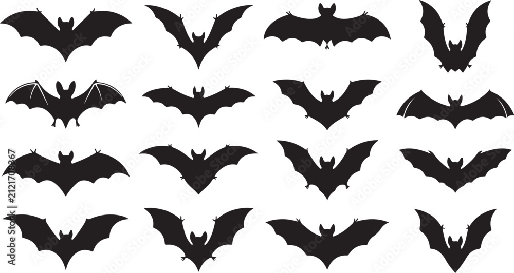 Fototapeta premium A grid of sixteen black silhouette depicting bats in various flying and perched positions on a white background