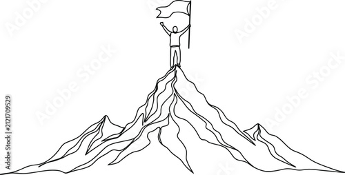 Silhouette of a person planting a flag atop a rugged mountain peak
