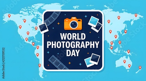 World photography day celebration graphic with a digital camera and global map background