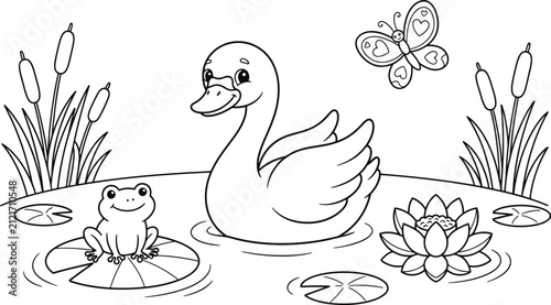 Canvastavla Minimalist pond nature scene and cute swan coloring book sheet symbol pack, hand