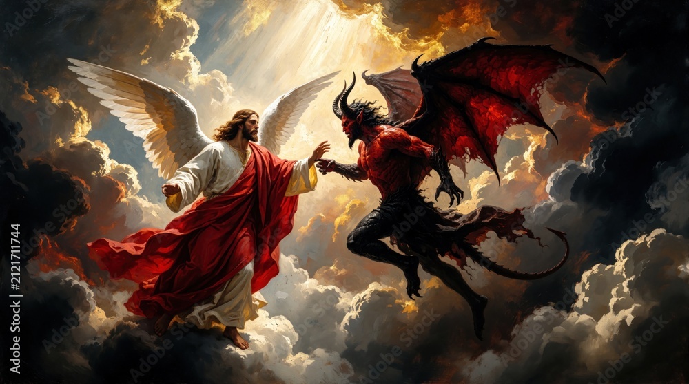 Obraz premium Jesus with white wings confronts horned red devil in stormy sky full of clouds. Symbolic struggle between good, evil light, darkness religious figures facing divine battle celestial conflict