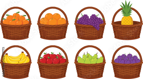 Fresh fruit basket vector elements set with oranges tangerines grapes pineapple bananas red apples pears and plums isolated on white background autumn harvest design illustration