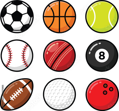 Glossy Sports Balls Vector Icon Set with Soccer Basketball Tennis Baseball Cricket Billiards Football Golf and Bowling for Game Tournament Designs