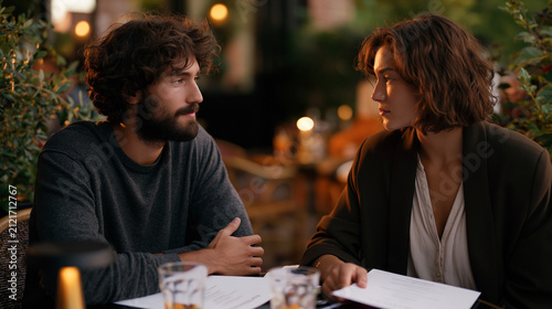 A pair of estranged adult siblings sitting across from each other at an outdoor cafe table in September, menu cards untouched, a long silence between them loaded with the