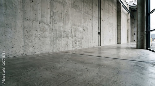 Modern industrial concrete warehouse interior with large windows and polished floor